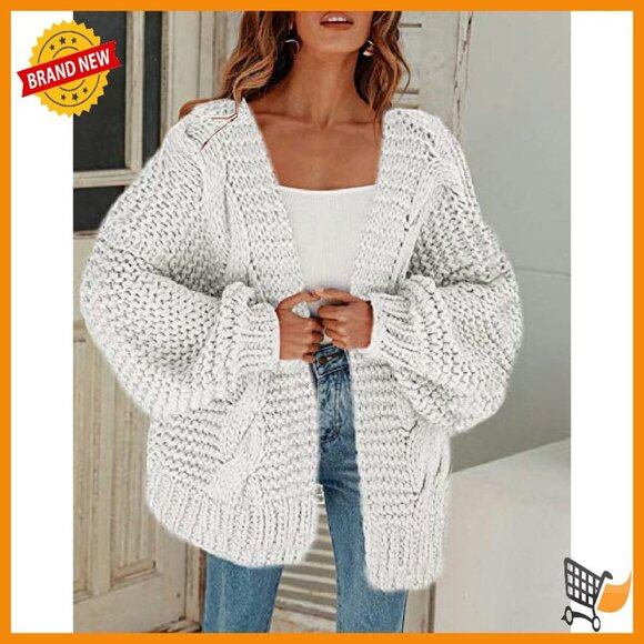 Oversized Chunky Knit Cardigan Open Front Lantern Sleeve Sweater - Picture 4 of 7